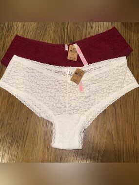 PINK Victoria's Secret Lace Cheeky Panty Set - White & Burgundy